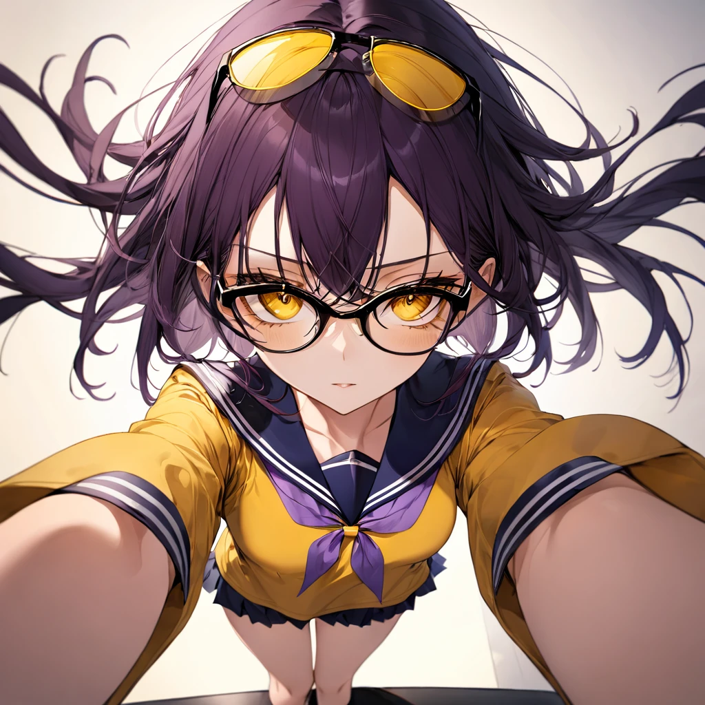 1girl,Solo,dark purple hair,yellow eyes,medium breasts,sailor,straight hair,pov,straight on,best quality, very aesthetic, absurdres,cowboy shot,eyewear