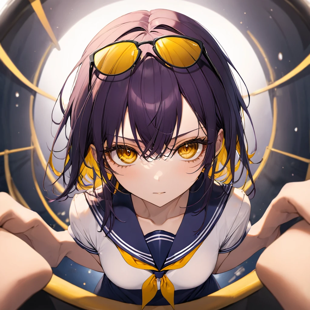 1girl,Solo,dark purple hair,yellow eyes,medium breasts,sailor,straight hair,pov,straight on,best quality, very aesthetic, absurdres,cowboy shot,eyewear