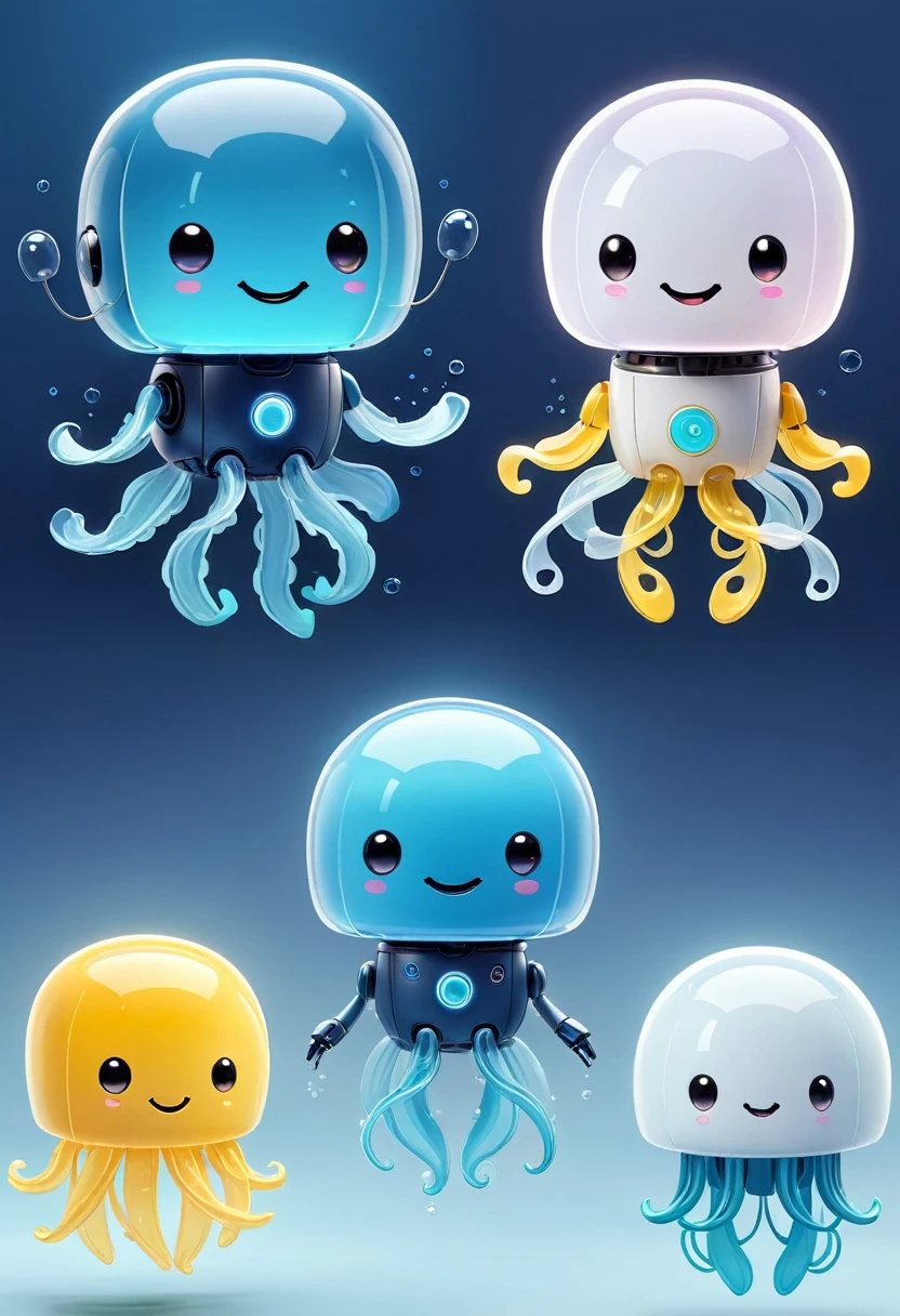 {"prompt":"Create a high-quality, three-view illustration of a cute, jellyfish-inspired robot character for a dental care brand named usmile. The character should embody a soft and charming appeal, with more refined and gentle lines to resonate deeply with young consumers. The color palette should primarily include white, blue, and yellow, enhancing the brand’s identity in innovation and technology. The jellyface robot should feature subtle and high-quality design elements like smooth textures and soft glowing lights, aiming to present a lively and engaging appearance. Keywords: high-quality, jellyfish, robot, refined, gentle, white, blue, yellow, cute, friendly, innovative, technology.","size":"1024x1024"}