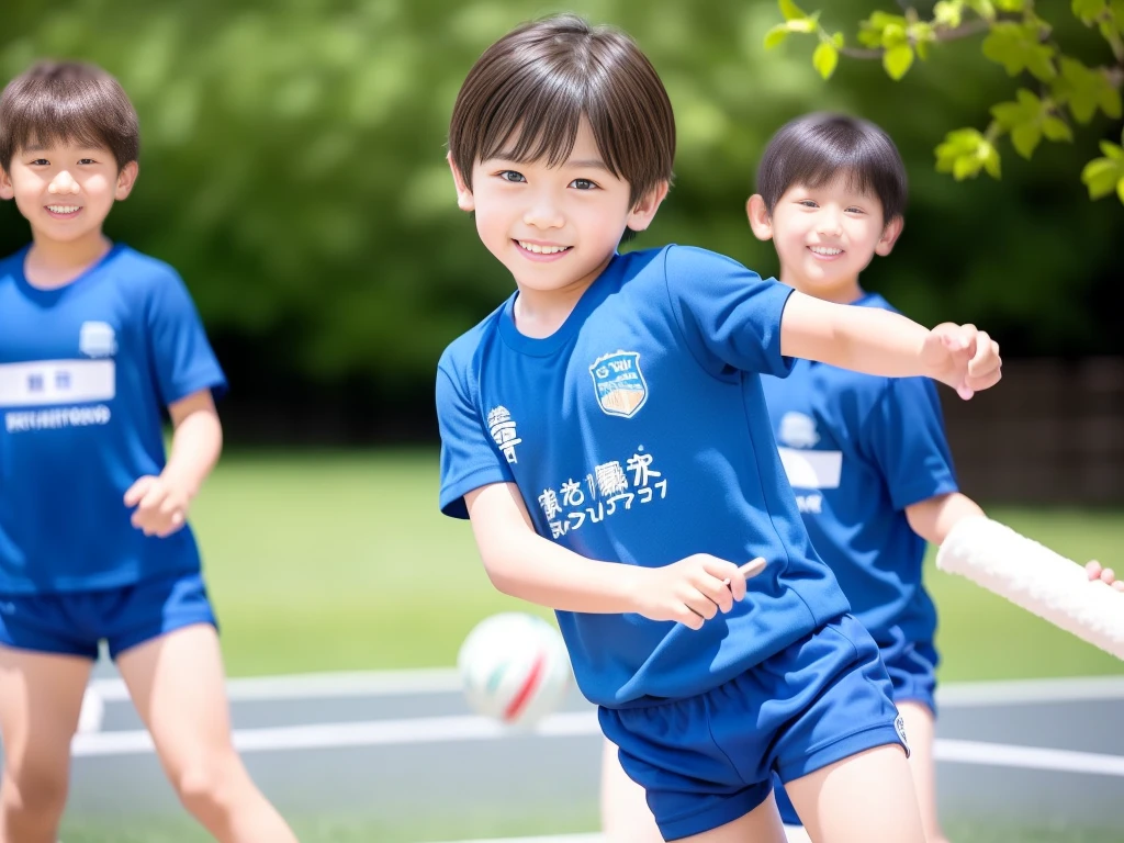 夏休みのprimary school校、primary school5Grade、Japan Boy、hot day、Set gymnastics、Brilliant expression、A boy on the move、Short sleeve gym uniform、Blue shorts、physical education、barefoot,(Boy 1.4)、Boys only 、(10Age 1.4)