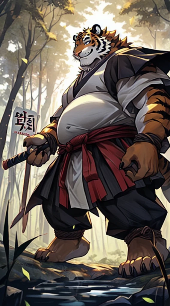 Official Art, masterpiece, Extremely detailed, (Clear focus:0.6), Depth of Field, Perfect lighting, best quality,
hairy, male, Siberian tiger, (Cats:0.3), Hybrids ,Japanese samurai costume, Smile,
Dynamic Angle,Forest Background,Chubby,Black pupil,fur,With obvious signs of training