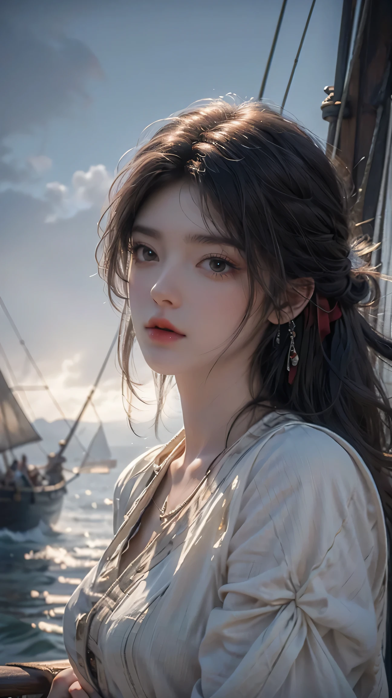 Epic CG masterpiece, hdr,dtm, full ha,8K, ultra detailed graphic tension, dynamic poses, stunning colors, 3D rendering, surrealism, cinematic lighting effects, realism, 00 renderer, super realistic, full - body photos, super vista, super wide Angle, HD
Pirate (Mole under eye:0.8), Milky skin, (shiny skin:1.3)watery eyes,
