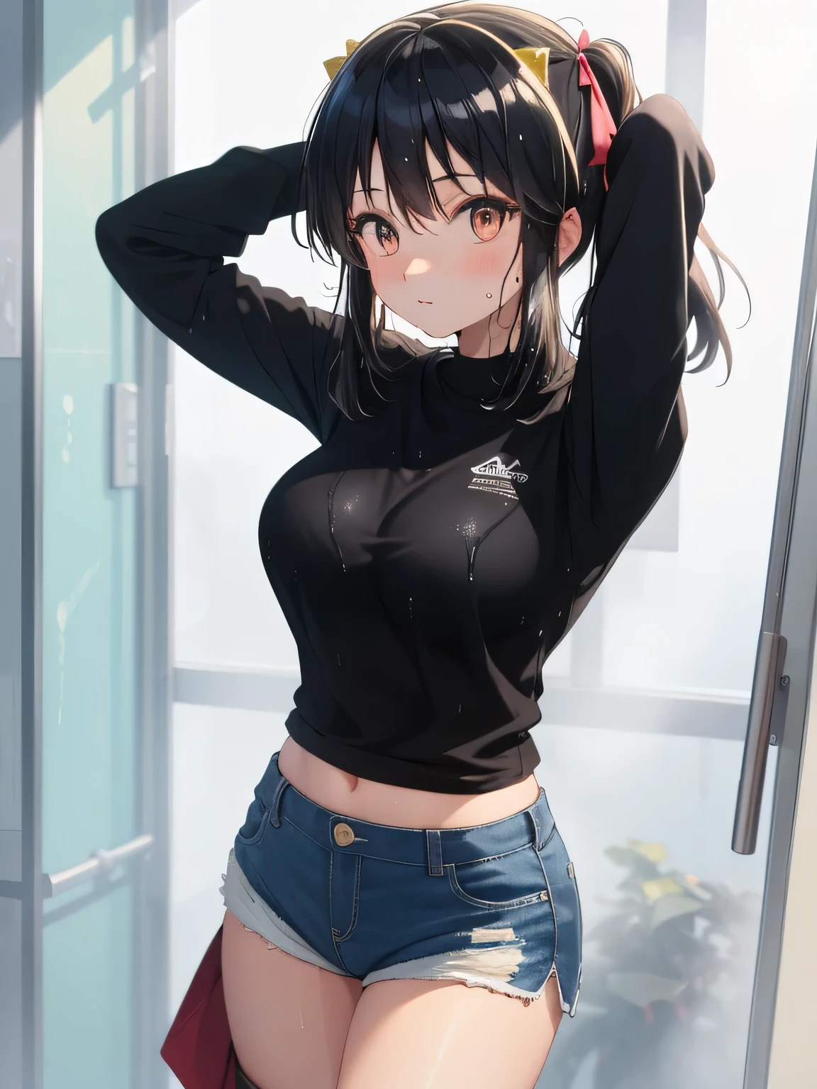 Ram Invaders, Big Breasts, Wet, Sweat, Highest quality, Ultra-high resolution, Maximum resolution, Super detailed, anime, end, girl, very cute, Medium Hair, Black Hair, Hair Ribbon, hairpin, Colored eyes, Short shorts,