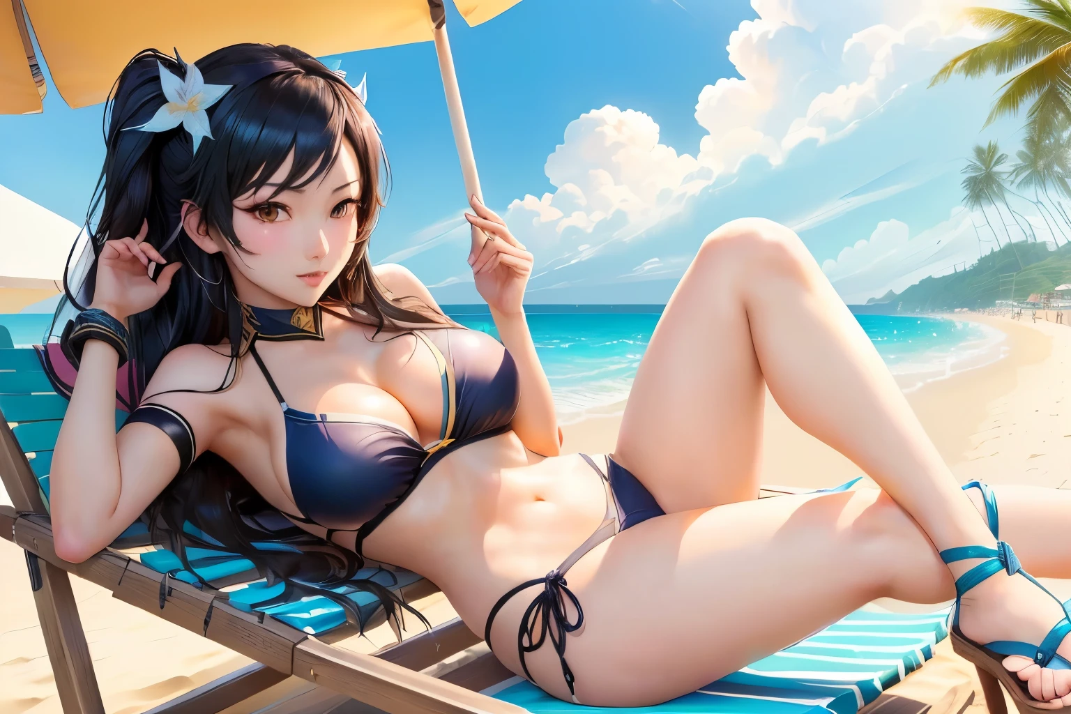 一位身穿比基尼的女子坐At the beach椅上, On the sunny beach, Irelia, sunbathing At the beach上, Nico Robin, On a deck chair, At the beach, Senna in League of Legends, Irelia from league of legends, Attractive anime girl, swimsuit, At the beach上, Tifa, Relax on the beach