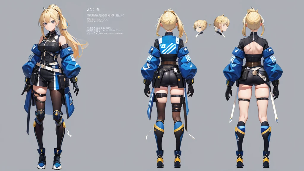 (masterpiece, best quality) detailed,police girl ,blonde hair ponytail,blue eye,(character design sheet, same character, full body, 3views, front, side, back)