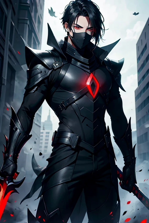 Man with red eye, using mask, black hair, black suit,giant sword,white skin