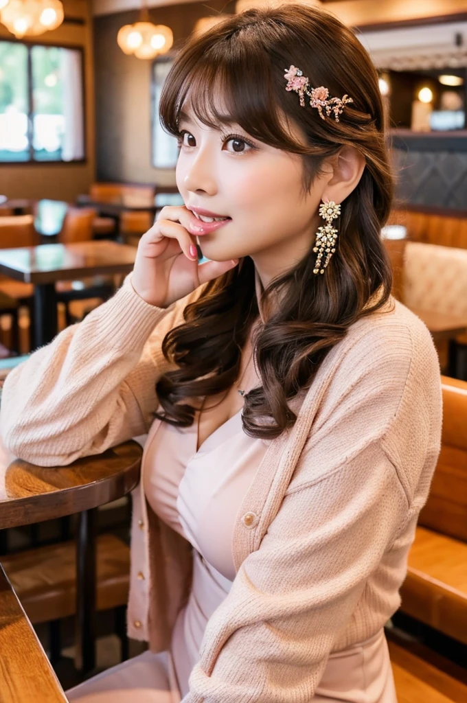 Family restaurant parking lot, full-time housewife, ((full body)), ((photo)), ((best qualtiy, 8K, tmasterpiece:1.3)), Focus:1.2, perfect figure beautiful girl:1.4, 1girl, cowboy shot, look at viewer, incredibly absurd, beautiful and cute girl with a photorealistic face, showcasing top-quality craftsmanship, Japanese woman eating at a family restaurant, 21 years old, medium-long brown hair, parted in the middle with curls at the ends, bangs cut above the eyes, naturally rounded hairline, large chocolate brown eyes, long eyelashes, cherry blossom lips, slightly high nose, oval face, fine skin, plump cheeks, soft chin, gentle smile, glamorous, fair skin, large buttocks, beautiful D-cup breasts, beige dress, pink cardigan, floral scarf, earrings, hair accessory, pretty older woman, beautiful, glamorous, gentle, attentive, passionate, curious, loves to talk, September