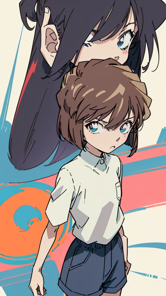 anime style, (1girl in, Solo:1.0), (Haibara Ai), ((Short pants)), (((Big eyes))), (Cute anime girl head), (flat chest),looking at viewer,With a height of 100cm,  shoot from front, (head shot),  Simple lineinimalism，Abstract Art，City background