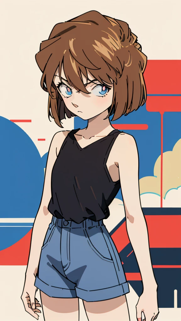 anime style, (1girl in, Solo:1.0), (Haibara Ai), ((Short pants)), (((Big eyes))), (Cute anime girl head), (flat chest),looking at viewer,With a height of 100cm, shoot from front, (head shot), Simple lineinimalism,Abstract Art,City background