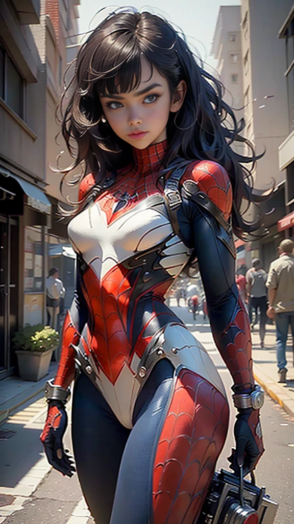 Beautiful woman detailed defined body with spider man cosplay, small breasts, asymmetrical hair, messy hair, parted bangs, light smile, annoyed, Hyperrealism, cinematic lighting, Fujicolor, social media composition, perspective, Eye-Level Shot, Canon, UHD, masterpiece, high quality, award winning, best quality, highres