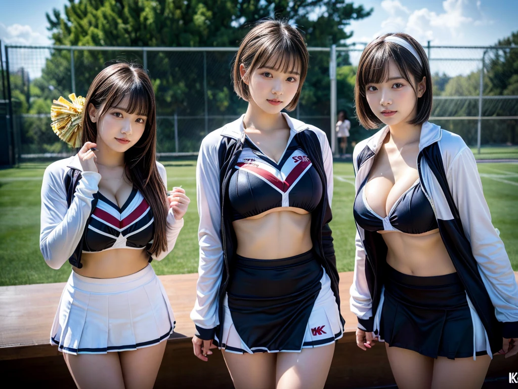 (RAW photo, 4k, masterpiece, high resolution, extremely complex) (realistic: 1.4), cinematic lighting
((2 girls, 2 schoolgirls)),blushing,((innocent)),bright eyes,round eyes,blunt bangs,(short bob hair:1.3),black hair,large breasts,wide hips,Summer Noon, ,Hot, (Best Quality), (Highres), (an Extremely Delicate and Beautiful),(Beautiful 8k face),(Brown eyes),( spectators),(gigantic breasts),(Play with each other,Touching each other's bodies,Touching the body),(cheer girl:1.5),(a miniskirt),(reality),bright lighting,(The background is a luxury hotel room)