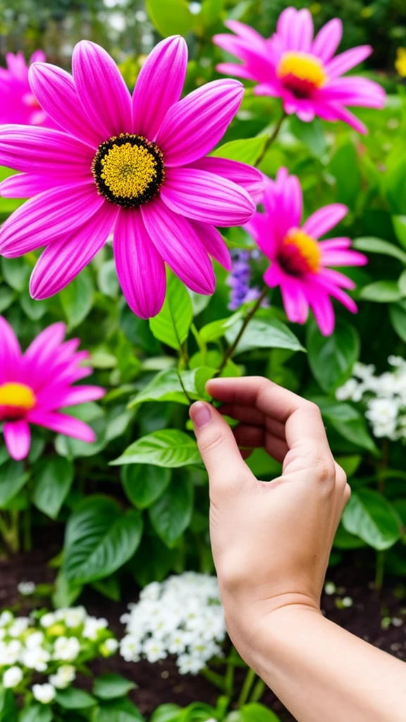 a flower in someone's hand , only a hand is seen in the frame , a garden in background, vibrant colors