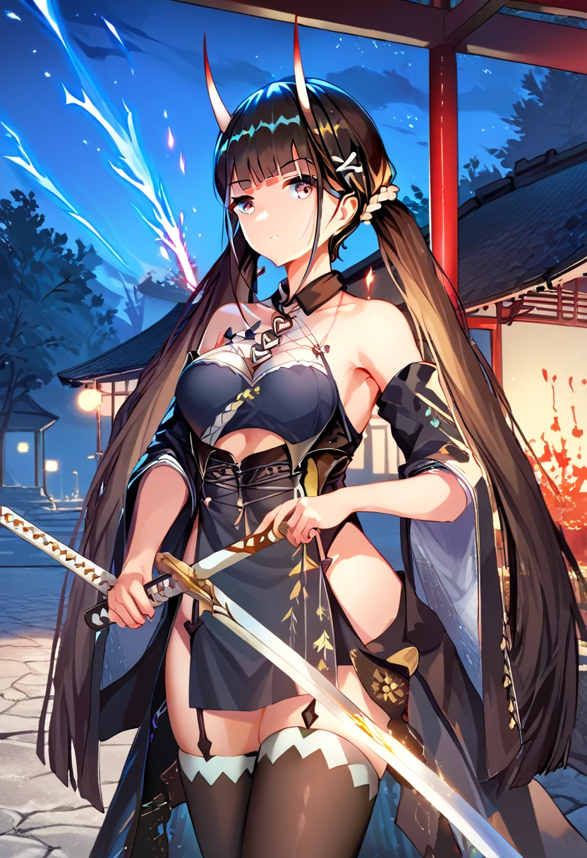 score_9, score_8_up, score_7_up,source_anime,(details background),cowboy shot,(masterpiece)),((best quality)),((outdoors,extremely detailed)),illustration,1girl,inflammation,Holding a Japanese sword,night,sparks,Rin々A funny expression,noshiro (azur lane),,