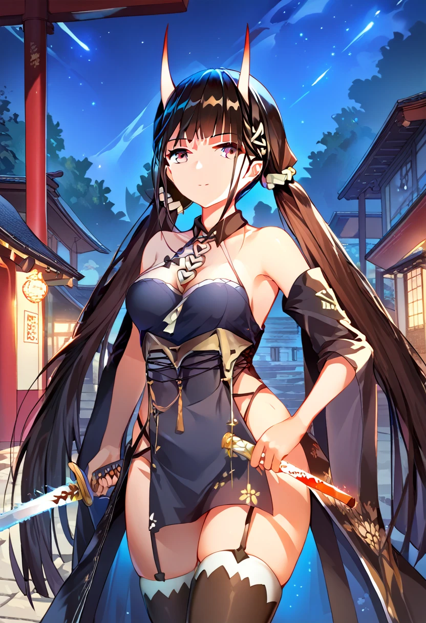 score_9, score_8_up, score_7_up,source_anime,(details background),cowboy shot,(masterpiece)),((best quality)),((outdoors,extremely detailed)),illustration,1girl,inflammation,Holding a Japanese sword,night,sparks,Rin々A funny expression,noshiro (azur lane),,