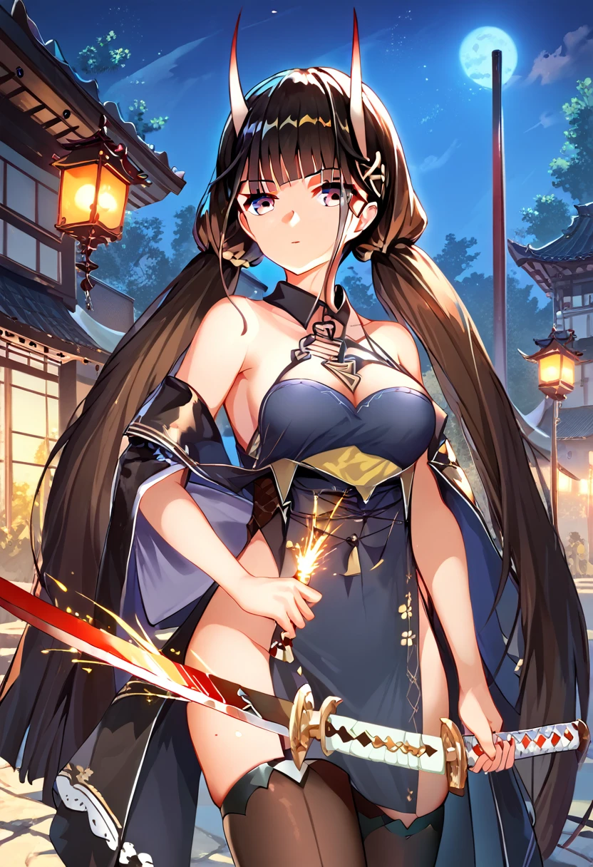 score_9, score_8_up, score_7_up,source_anime,(details background),cowboy shot,(masterpiece)),((best quality)),((outdoors,extremely detailed)),illustration,1girl,inflammation,Holding a Japanese sword,night,sparks,Rin々A funny expression,noshiro (azur lane),,