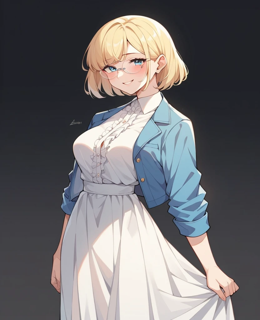 beautiful woman, beautiful face, solo, from center, standing, medium bob cut blonde hair, light blue eyes, two points glasses, medium breasts, blue denim jacket, white dress shirts, white pleats long skirt, blushing lust smile, black background, no background, pastel 2d art, matte painting, anime, masterpiece