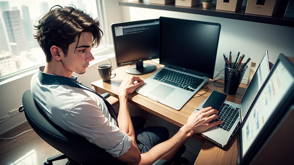 young man browsing his laptop in an office room