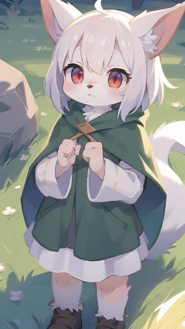 Rori the fox, riding on wolf, was hairy, shaggy, skin fur, smooth lashes, white fur, forelimb hands, straight long white hair, solid circle eyes, ((goat horns)), white facial fur, shiny hair, red eyes, super cute face, 1goat tail, fluffy tail, furry tail, glowing eyes, green cloak, white skirt, standing, sad face, ambient light, ultra-fine fur, dashed eyes, full body, masterpiece, high quality, high-details, best quality, wide short, (((solo)))