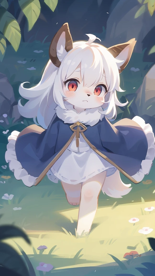Rori the fox, riding on wolf, was hairy, shaggy, skin fur, smooth lashes, white fur, forelimb hands, straight long white hair, solid circle eyes, ((goat horns)), white facial fur, shiny hair, red eyes, super cute face, 1goat tail, fluffy tail, furry tail, glowing eyes, green cloak, white skirt, standing, sad face, ambient light, ultra-fine fur, dashed eyes, full body, masterpiece, high quality, high-details, best quality, wide short, (((solo)))