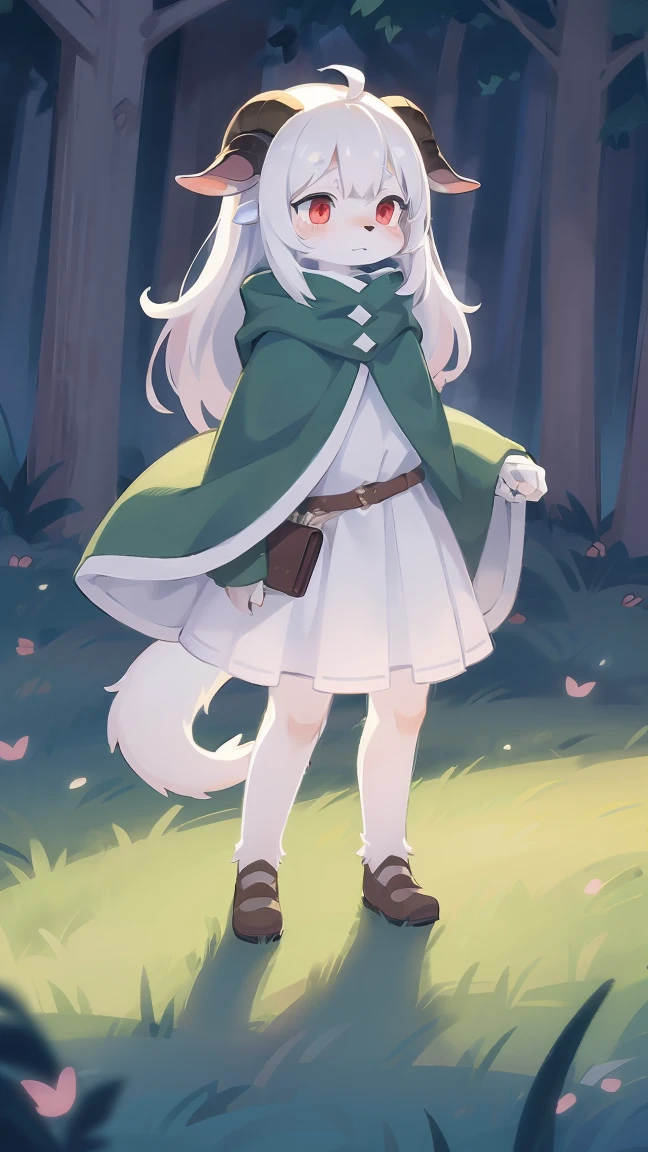 Rori the fox, riding on wolf, was hairy, shaggy, skin fur, smooth lashes, white fur, forelimb hands, straight long white hair, solid circle eyes, ((goat horns)), white facial fur, shiny hair, red eyes, super cute face, 1goat tail, fluffy tail, furry tail, glowing eyes, green cloak, white skirt, standing, sad face, ambient light, ultra-fine fur, dashed eyes, full body, masterpiece, high quality, high-details, best quality, wide short, (((solo)))
