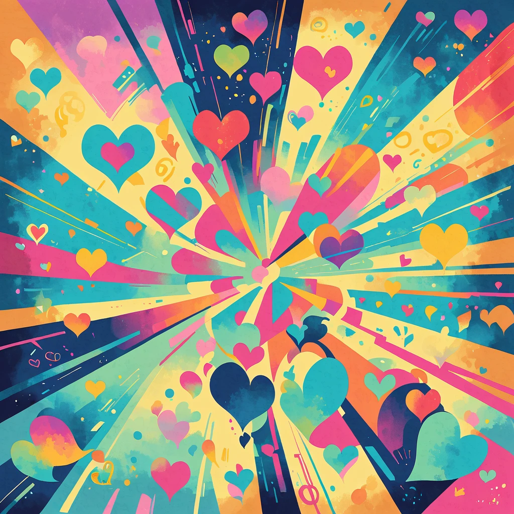 Eri Kamijo style, Simple Line Initialism,Abstract art,Urban Background, colorful hearts ,No people