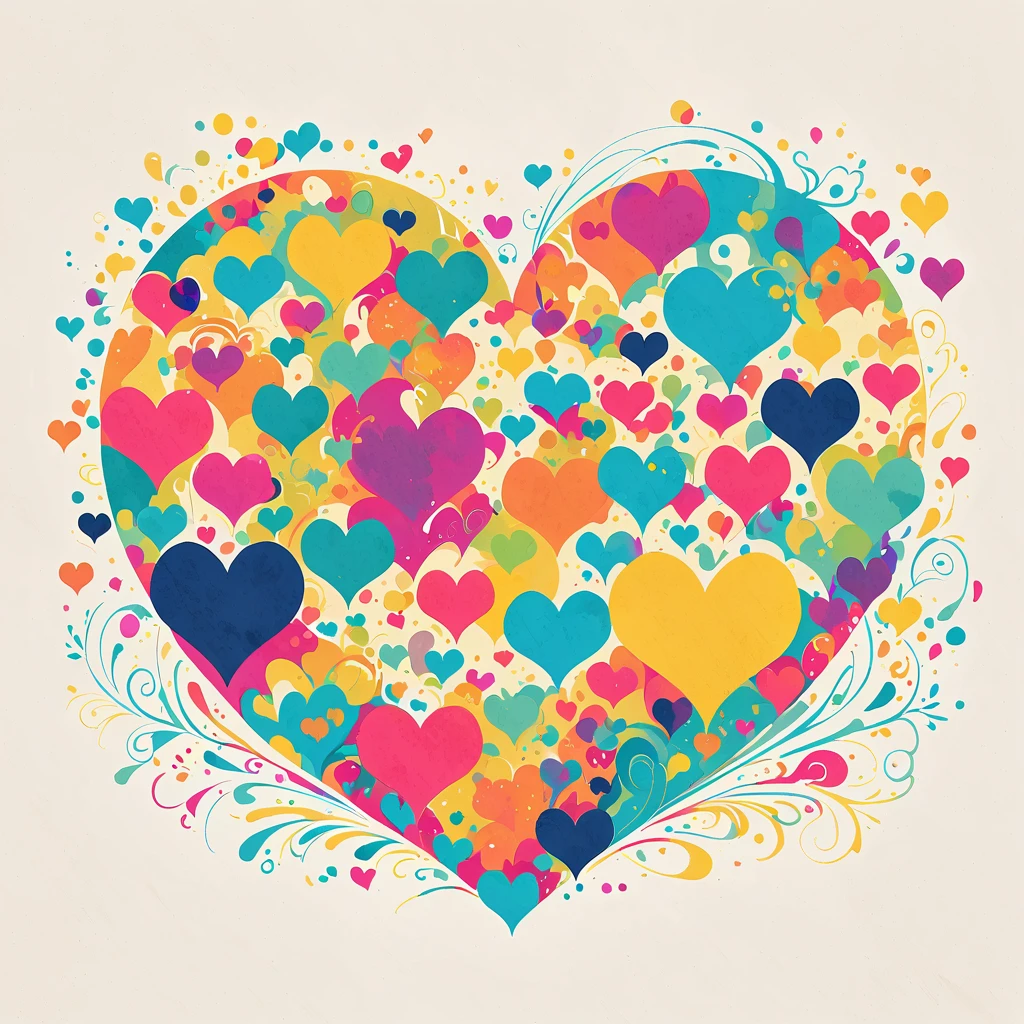 Eri Kamijo style, Simple Line Initialism，Abstract art，Urban Background, colorful hearts ,No people
