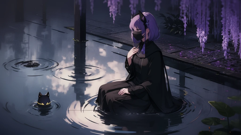 3girl, sad, sitting, (umbra-mask), (shadow-self), (dark-aura), (low-resoul-mist), (dark-lotus), ((fountain:0.9)), (water), (water-falling-down), (falling-leaves:0.8)), (small-tree:0.6), (small-fence:0.5), (forest-floor), (misty-background), (mysterious-mood), (low-light), (low-angle-shot), (posing:1.1), (slightly-looking-away), (hand-on-umbra-mask), (fingernails-long), (umbra-symbol-on-forearm), (symbol-of-earth-element), (elegant-attire), (dark-clothing), (shadow-dance-mood), (high-contrast), (vibrant-colors), (water-reflection)