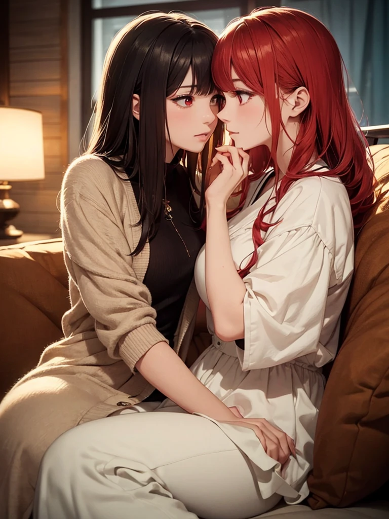 two beautiful young women, anime style, detailed faces, red hair, red eyes, delicate features, soft lighting, wearing casual outfits, holding each other closely, intimate pose, one gently touching the other's face, sitting on a cozy sofa, warm and inviting living room, relaxed and affectionate expressions, dynamic pose, Japanese anime style, high quality, highly detailed, 8k resolution, cinematic lighting, best quality, vibrant colors, Instagrammable, aesthetic, trendy