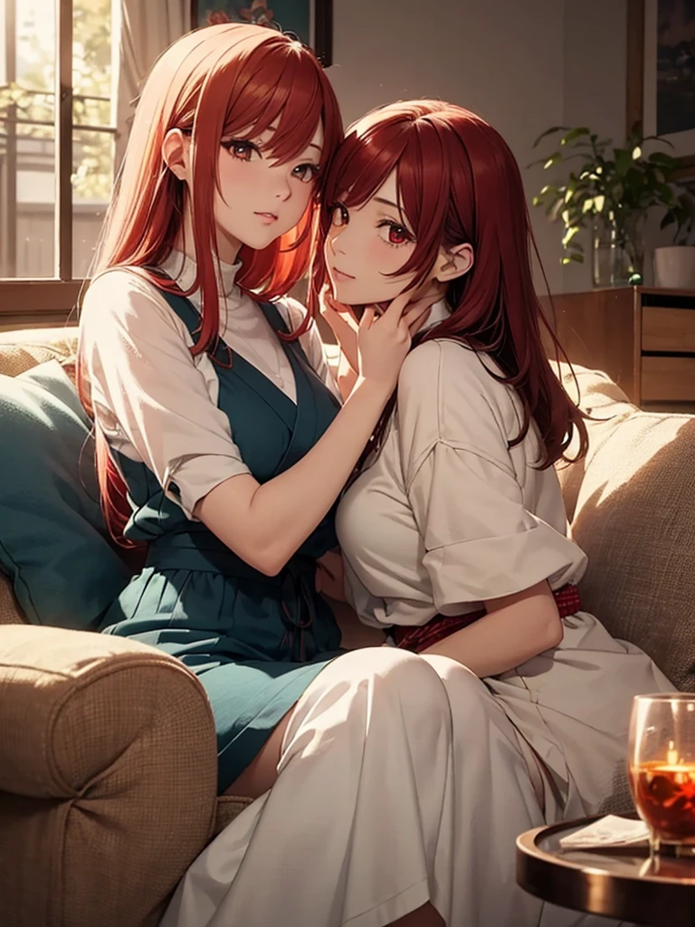 two beautiful young women, anime style, detailed faces, red hair, red eyes, delicate features, soft lighting, wearing casual outfits, holding each other closely, intimate pose, one gently touching the other's face, sitting on a cozy sofa, warm and inviting living room, relaxed and affectionate expressions, dynamic pose, Japanese anime style, high quality, highly detailed, 8k resolution, cinematic lighting, best quality, vibrant colors, Instagrammable, aesthetic, trendy