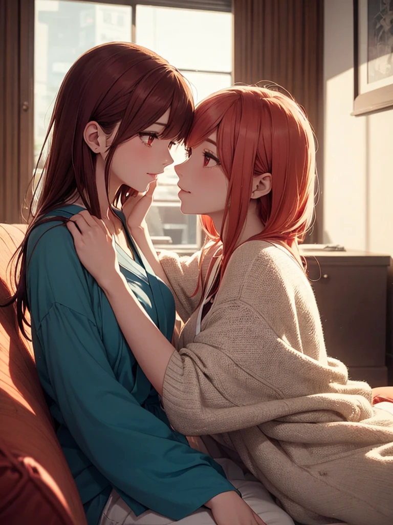 two beautiful young women, anime style, detailed faces, red hair, red eyes, delicate features, soft lighting, wearing casual outfits, holding each other closely, intimate pose, one gently touching the other's face, sitting on a cozy sofa, warm and inviting living room, relaxed and affectionate expressions, dynamic pose, Japanese anime style, high quality, highly detailed, 8k resolution, cinematic lighting, best quality, vibrant colors, Instagrammable, aesthetic, trendy