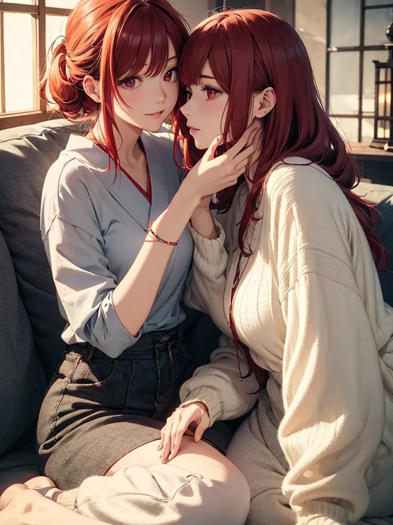 two beautiful young women, anime style, detailed faces, red hair, red eyes, delicate features, soft lighting, wearing casual outfits, holding each other closely, intimate pose, one gently touching the other's face, sitting on a cozy sofa, warm and inviting living room, relaxed and affectionate expressions, dynamic pose, Japanese anime style, high quality, highly detailed, 8k resolution, cinematic lighting, best quality, vibrant colors, Instagrammable, aesthetic, trendy