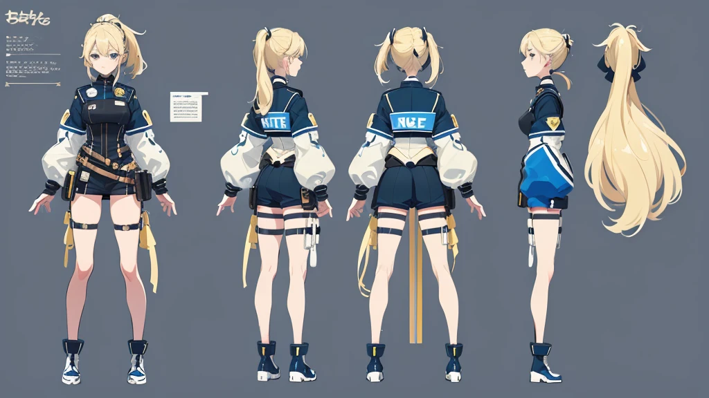 (masterpiece, best quality) detailed,police girl ,blonde hair ponytail,blue eye,(character design sheet, same character, full body, 3views, front, side, back)