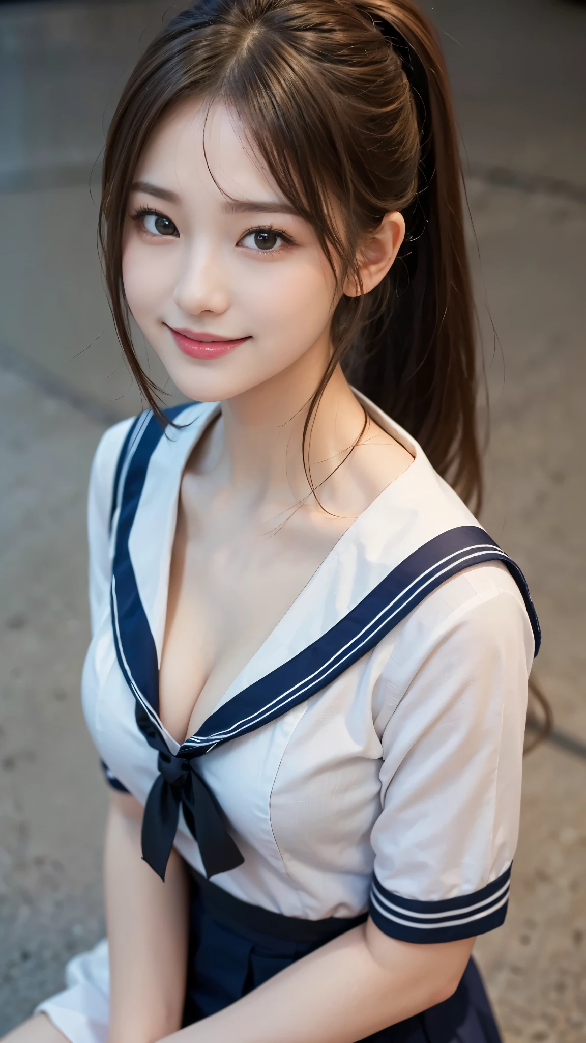 (One Girl), Very cute face, Great face and eyes, (Highly detailed eyes, Highly detailed face), Fresh, Very beautiful appearance, (Super realistic, High resolution), (highest quality:1.4), RAW Photos, (Realistic, Photorealistic:1.37), Professional photography , (wet see-through sailor suit:1.3)  , (Cleavage:1.2) , Smile a little, (Look at me) , Portrait of a Girl  , (Huge breasts)   , ()  , (erect nipples:1.06) , (ponytail hair) , (Nipples can be seen through the sailor suit:1.35) , (tilt your head) , full body