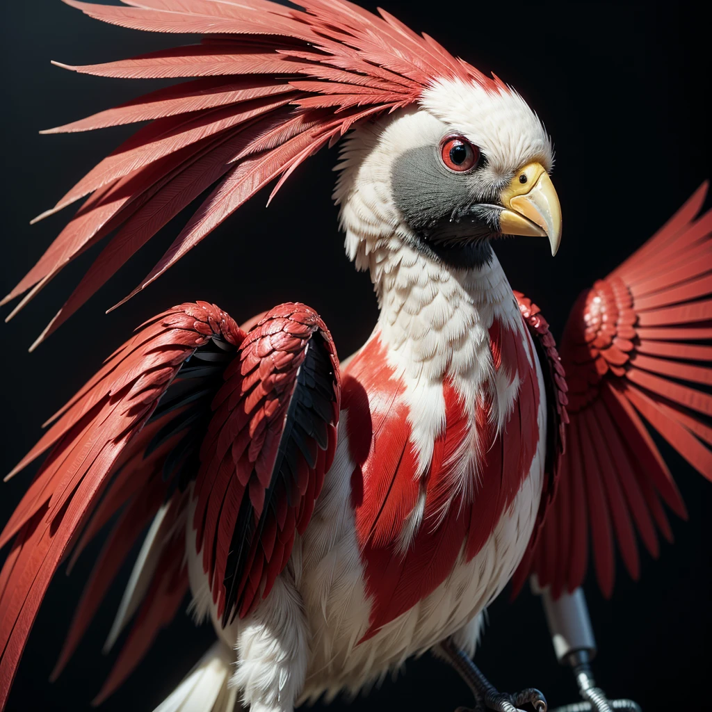 a beautiful cockatiel bird with red and black colors, robot style
