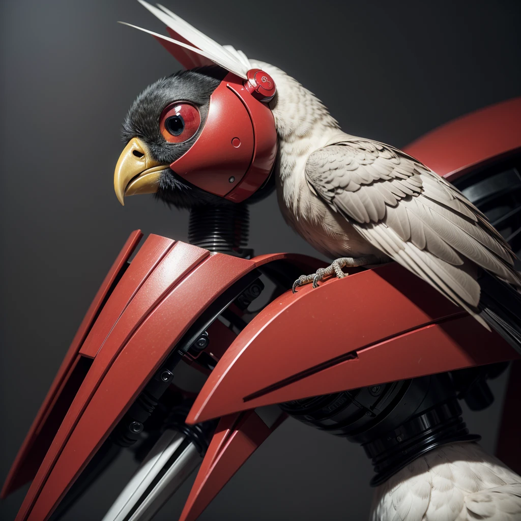 a beautiful cockatiel bird with red and black colors, robot style