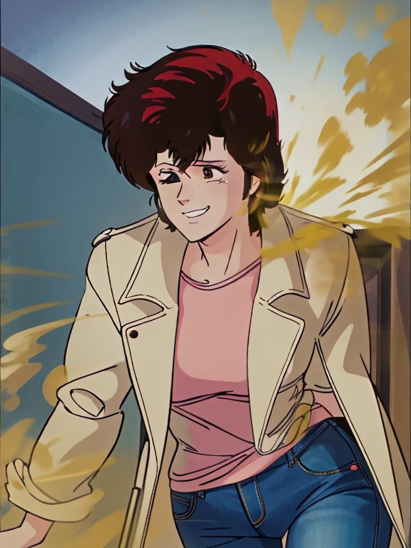 HD, high quality, high resolution, ultrahd,Kaori Makimura, 1female, wearing default outfit, light pink shirt, white coat, wearing coat over tshirt, jeans, default hair, brown hair, very tall body, thin body, massive fart, yellow smoke, velocity, one eye closed, one eye opened, leaning, bending over, embarrassed, smiling, clenching teeth, alone in a room, beautiful lighting, highlights