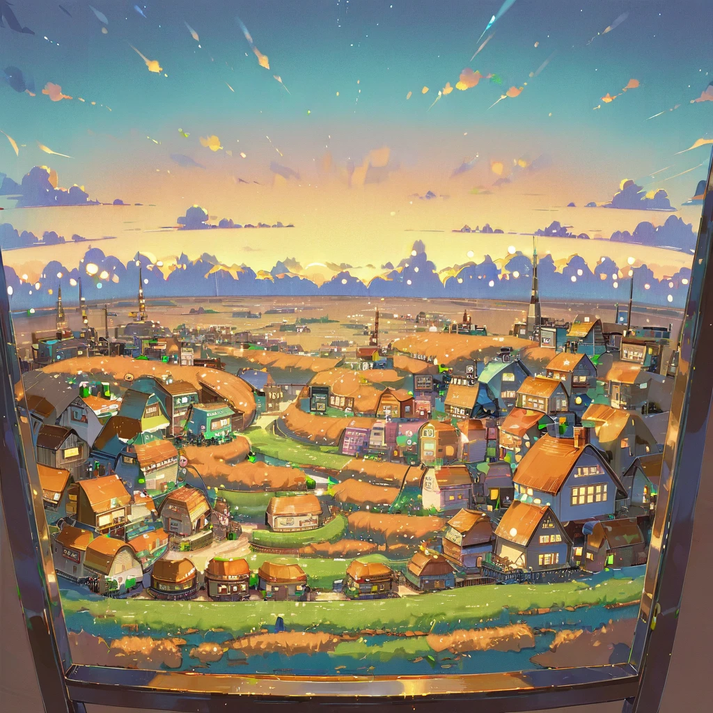 (((Vast landscape, istance view, wide shot, long shot))), ((anime:1.4,illustration)),(masterpiece, top quality, best quality),(ultra-detailed, absolutely resolution),((16k, high res)), (((cozy retro town, bright sky))), ((cosy lofi illustration:1.4)), ((anime:1.4, illustration)),(masterpiece, top quality, best quality),(ultra-detailed, absolutely resolution),((16k, high res)) BREAK {lofi art, style of Laurie Greasley, style of Makoto Shinkai, anime aesthetic}, BREAK { (produces images with information than 40 million pixels with cinematic-like detailed textures shot on a Sony SLR).}