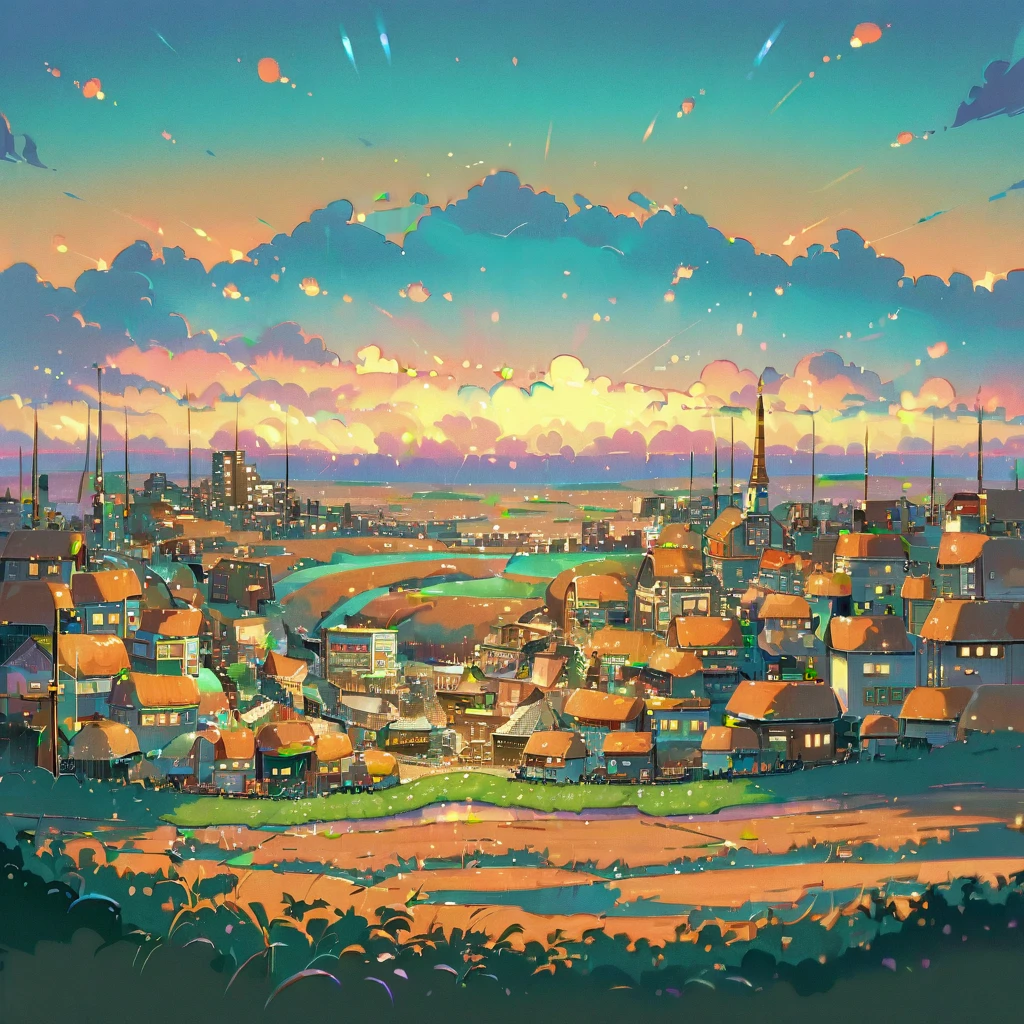 (((Vast landscape, istance view, wide shot, long shot))), ((anime:1.4,illustration)),(masterpiece, top quality, best quality),(ultra-detailed, absolutely resolution),((16k, high res)), (((cozy retro town, bright sky))), ((cosy lofi illustration:1.4)), ((anime:1.4, illustration)),(masterpiece, top quality, best quality),(ultra-detailed, absolutely resolution),((16k, high res)) BREAK {lofi art, style of Laurie Greasley, style of Makoto Shinkai, anime aesthetic}, BREAK { (produces images with information than 40 million pixels with cinematic-like detailed textures shot on a Sony SLR).}