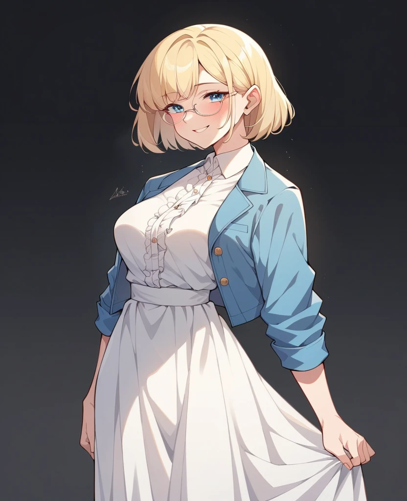 beautiful woman, beautiful face, solo, from center, standing, medium bob cut blonde hair, light blue eyes, two points glasses, medium breasts, blue denim jacket, white dress shirts, white pleats long skirt, blushing lust smile, black background, no background, pastel 2d art, matte painting, anime, masterpiece 