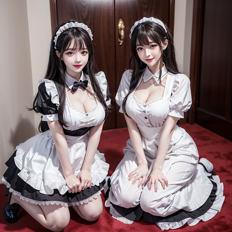 VIP room，Maid kneels down，The two girls smiled happily, Maid costume，Less clothes，暴露Maid costume，Pull up the skirt with both hands，Loafers，Lots of maids，Huge breasts，Thin waist，Loyal Maid，Obey everything,Very obedient，付出型性格和Likeable的个性，Obedient personality、Likeable，Absolute obedience，Absolute obedience，Willing to give everything，Waiting for command