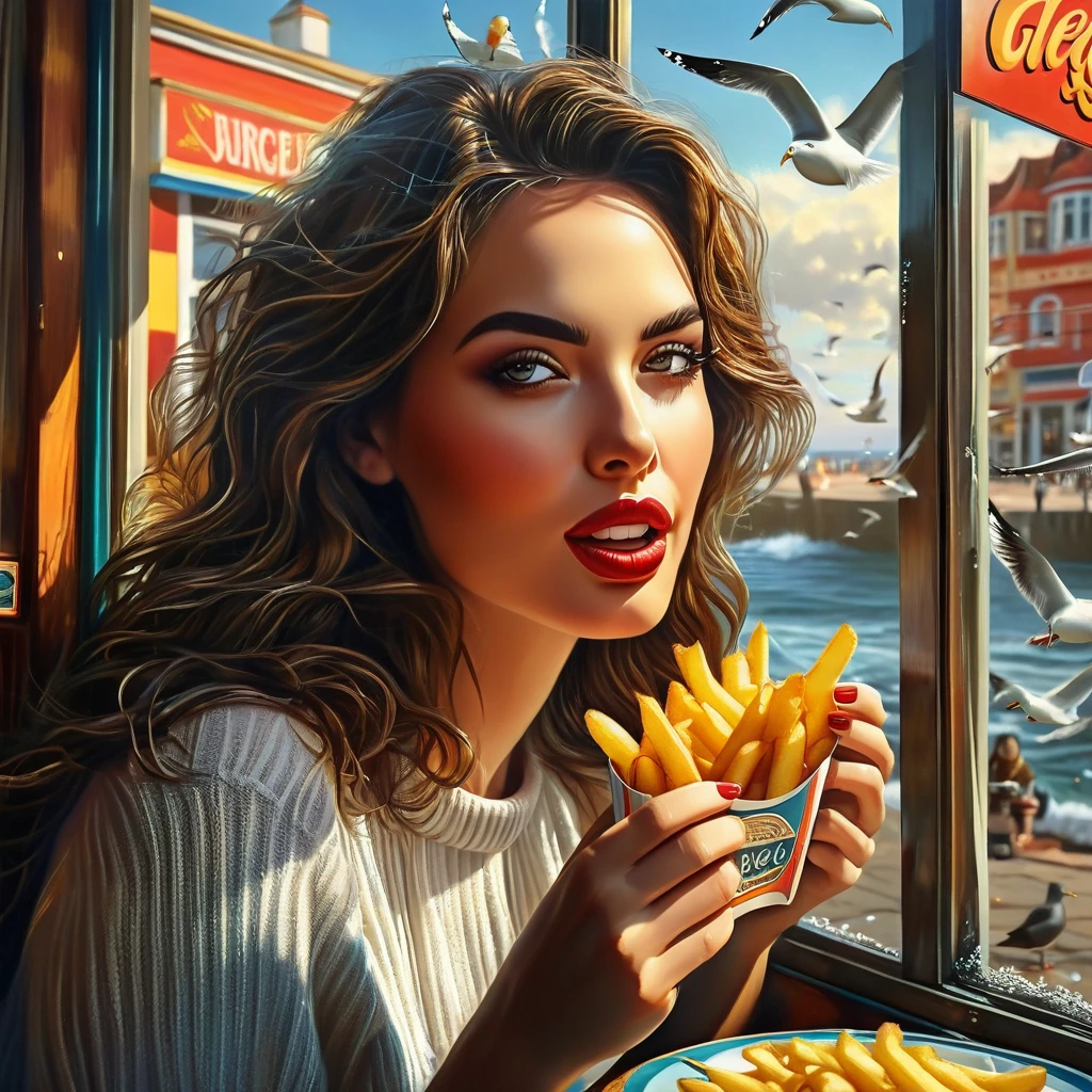 Woman sitting by the window eating fries, (seagulls are frolicking outside the window through the glass :1.5), seaside burger shop, detailed and realistic oil painting, beautifully detailed eyes, beautifully detailed lips, highly detailed eyes and face, long eyelashes, photorealistic, 8k, masterpiece, highly detailed, vibrant colors, warm lighting, cozy atmosphere, beautiful landscape, dramatic sky, realistic textures, intricate details, cinematic composition, Leonardo style