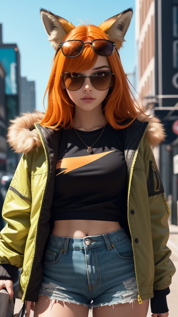 Skinny fox girl, (yellow sunglasses, green jacket, black shorts, yellow sneakers, orange hair, fox tail), city background, ((detailed background, detailed clothes, detailed fur texture, intricate detail, highly detailed, fine details best quality, hyperdetailed face)), bright color tones, digital art, beautiful lighting, 1girl, solo, cyberpunk, (best quality,4k,8k,highres,masterpiece:1.2), ultra-detailed