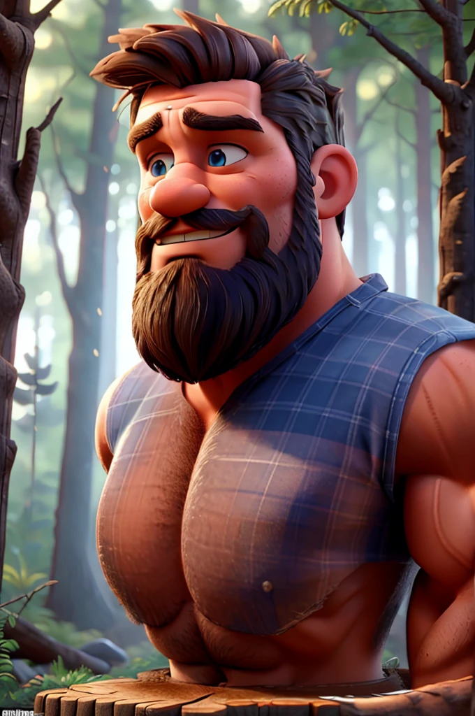 a muscular lumberjack, detailed facial features, striking blue eyes, perfect chiseled jawline, rugged handsome face, thick beard, bulging biceps, strong muscular torso, wearing a flannel shirt, chopping an ax into a log, standing in a dense forest, sunlight filtering through the trees, warm color palette, cinematic lighting, dramatic shadows, hyper realistic, award winning digital art, intricate details, 8k, photorealistic