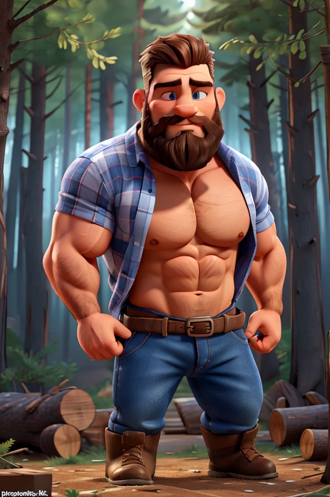 a muscular lumberjack, detailed facial features, striking blue eyes, perfect chiseled jawline, rugged handsome face, thick beard, bulging biceps, strong muscular torso, wearing a flannel shirt, chopping an ax into a log, standing in a dense forest, sunlight filtering through the trees, warm color palette, cinematic lighting, dramatic shadows, hyper realistic, award winning digital art, intricate details, 8k, photorealistic