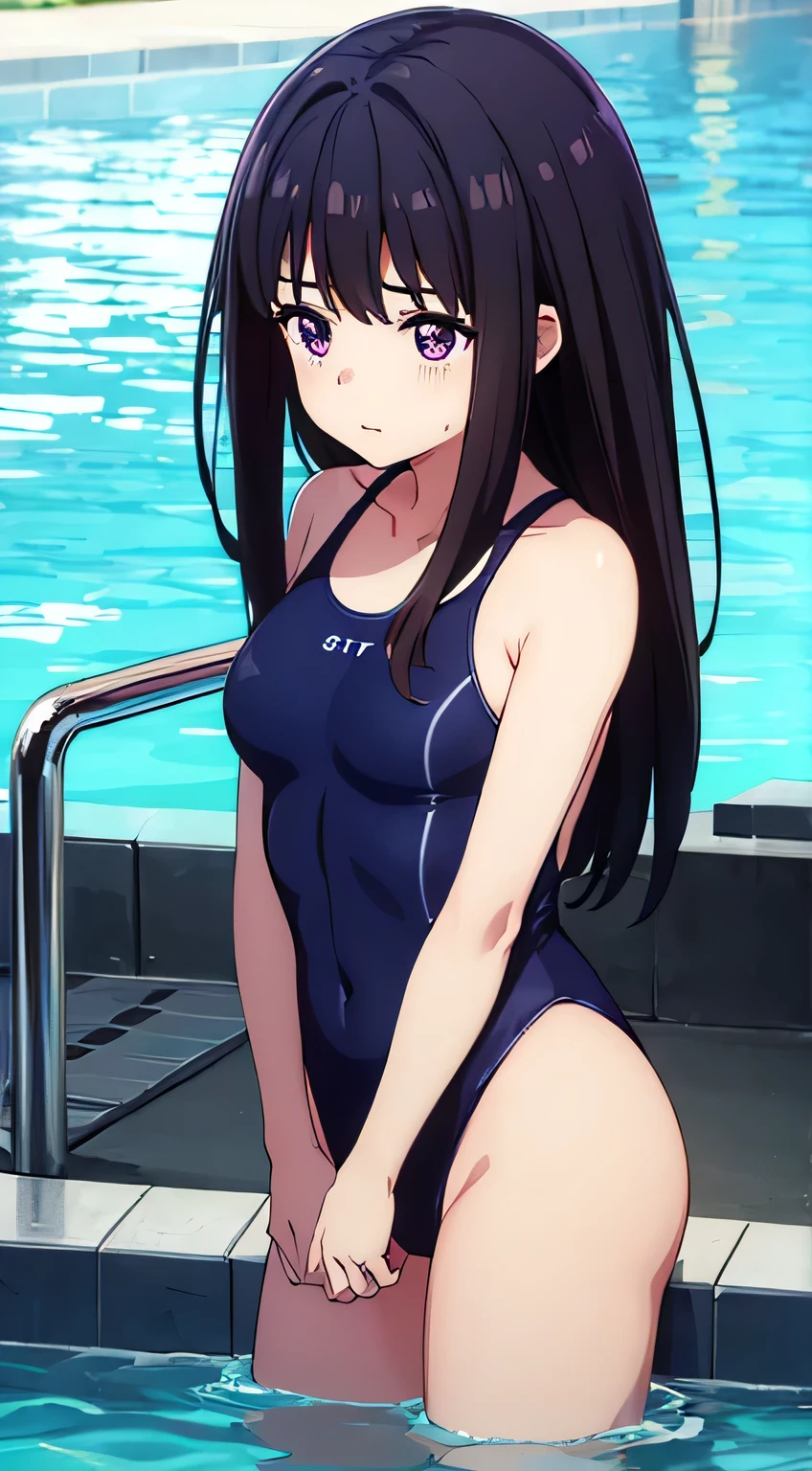 (masterpiece、Highest quality、In 8K、High resolution:1.2)、alone、One Girl、  Takina Inoue、Feeling embarrassed、blush、Purple Eyes、Look at the viewers、whole body、Navy blue swimsuit、Dark blue racing swimsuit、Glossy body、Wet body、Daytime、Poolside、Low - Angle