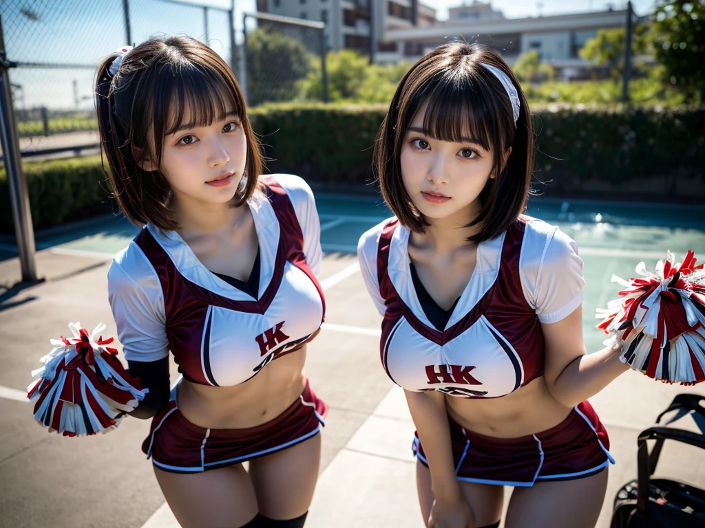 (RAW photo, 4k, masterpiece, high resolution, extremely complex) (realistic: 1.4), cinematic lighting
((2 girls, 2 schoolgirls)),blushing,((innocent)),bright eyes,round eyes,blunt bangs,(short bob hair:1.3),black hair,large breasts,wide hips,Summer Noon, ,Hot, (Best Quality), (Highres), (an Extremely Delicate and Beautiful),(Beautiful 8k face),(Brown eyes),( spectators),(gigantic breasts),(Play with each other,Touching each other's bodies,Touching the body),(cheer girl:1.5),(a miniskirt),(reality),bright lighting,(The background is a luxury hotel room)