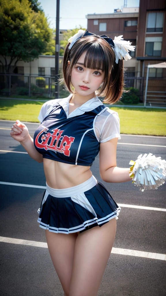 masterpiece, best quality, illustration, Super detailed, fine details, High resolution, 8K,wall paper, perfect dynamic composition,(Details High quality, realistic depiction of eyes:1.3), hotel room, (cheer girl:1.5),(a miniskirt), to stand、large breasts,short bob hair, black hair color, Big Natural Color Lip, bold sexy pose, crying a little、Harajuku style、20 year old girl、cute type、ta、beautiful legs, hposing Gravure Idol