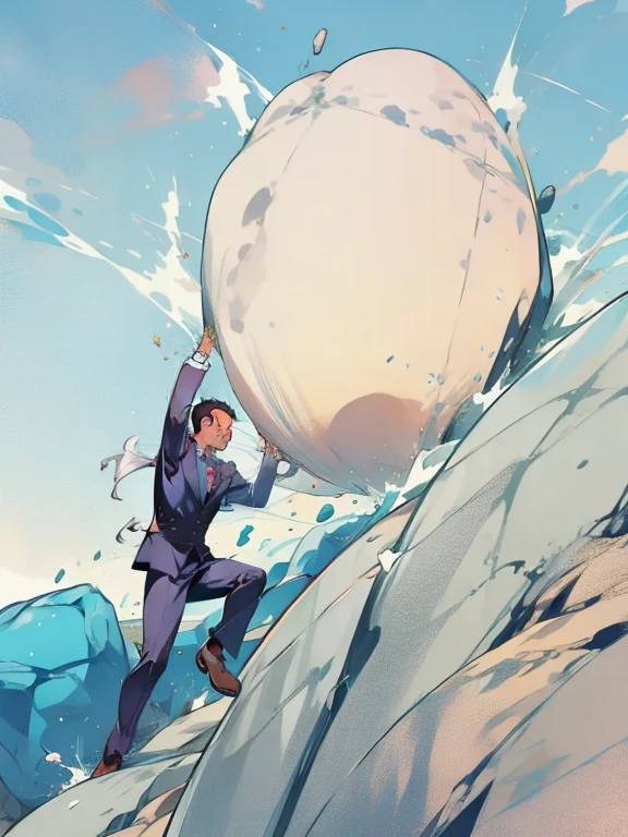 Man in suit pushing rock