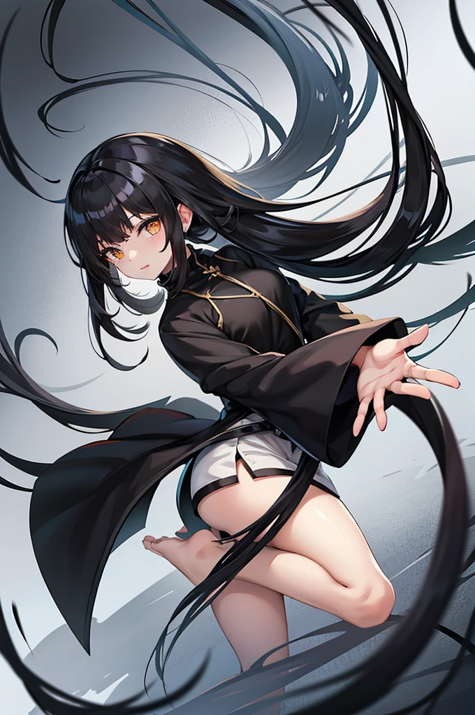 girl with long straight black hair, long bangs, golden eyes, slim and , short, wearing a white long-sleeved shirt, long black skirt