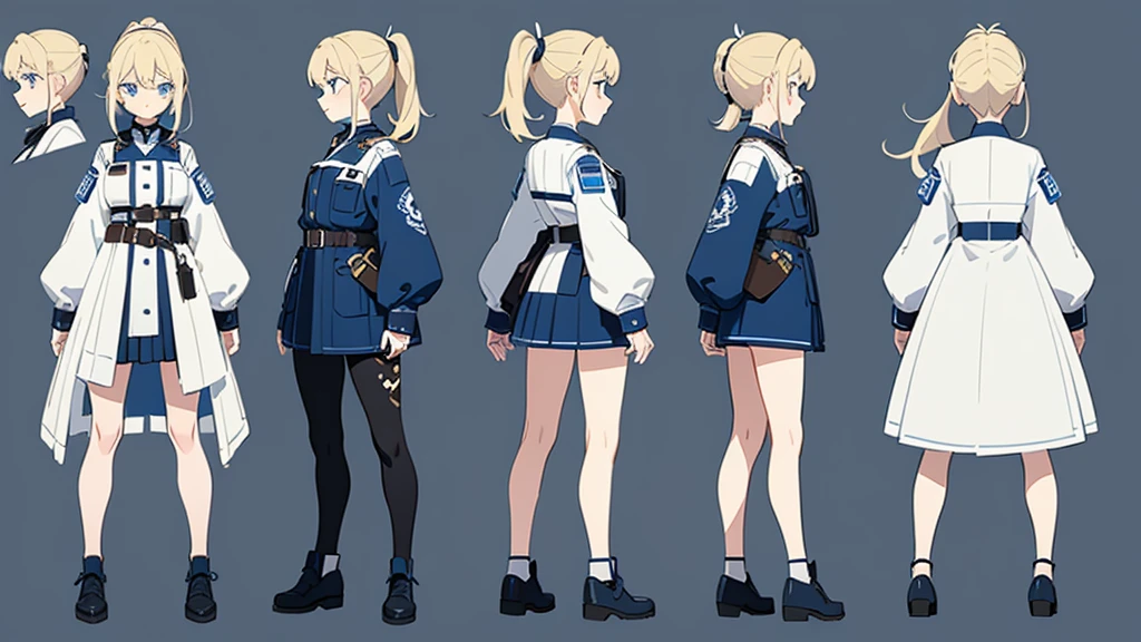 (masterpiece, best quality) detailed,police girl ,blonde hair ponytail,blue eye,(character design sheet, same character, full body, 3views, front, side, back)